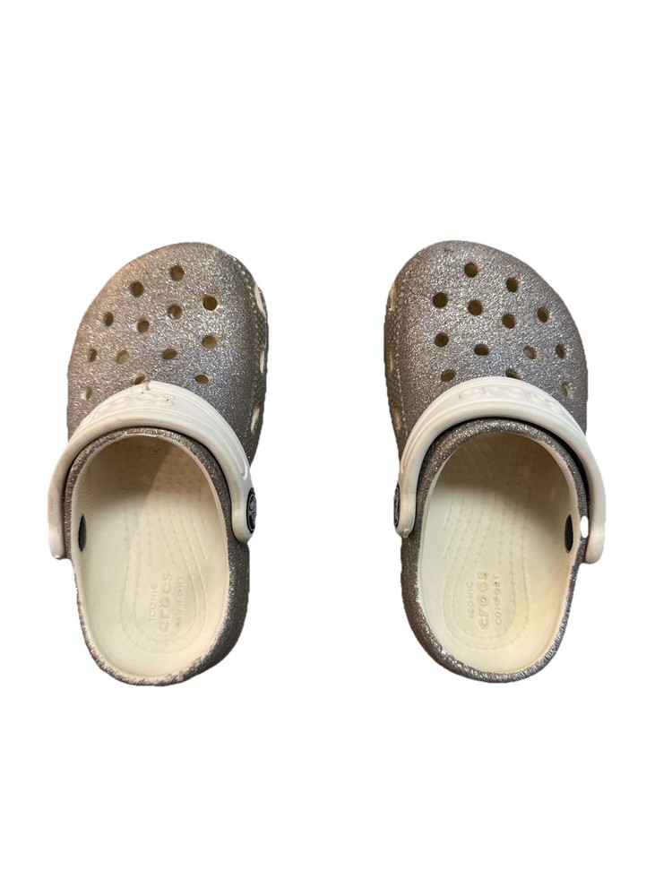 CROCS Toddler Classic Glitter Clogs Slip On Sandals Silver Kid’s Size 8