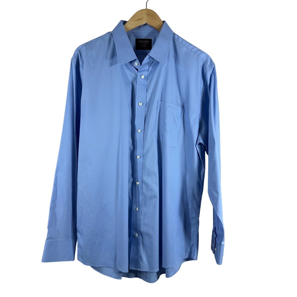 Nordstrom Men's Button Down Shirt Blue 100% Cotton Non Iron Trim Fit Size 17.5