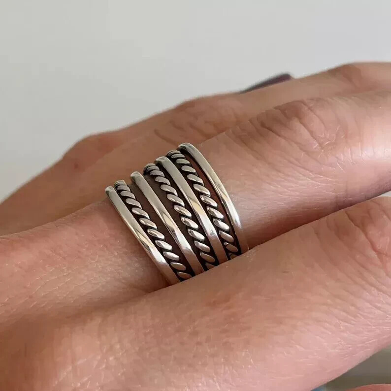 Sterling Silver Rope Band Ring Handmade Adjustable Sizes 925 Silver Gift