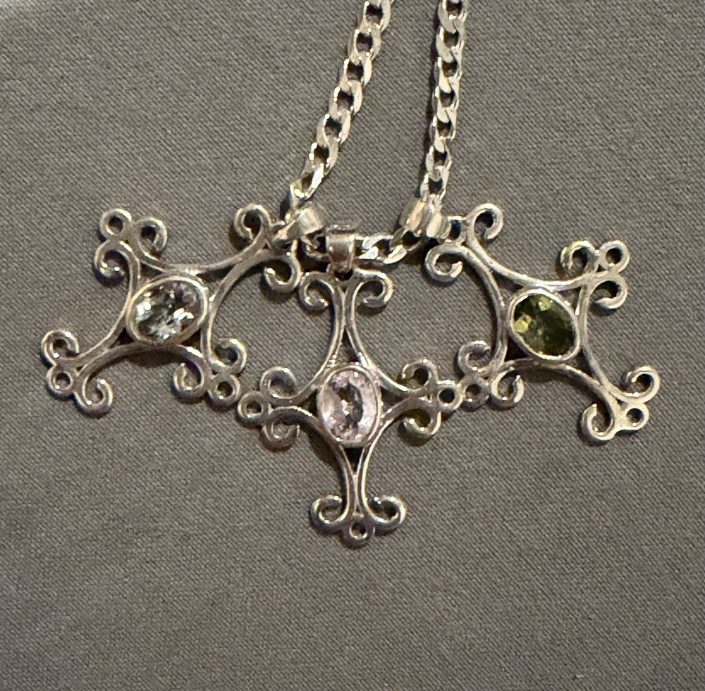 925S Silver Tripple Cross Japan Necklace With Natural Aquamarine, Peridot, Topaz