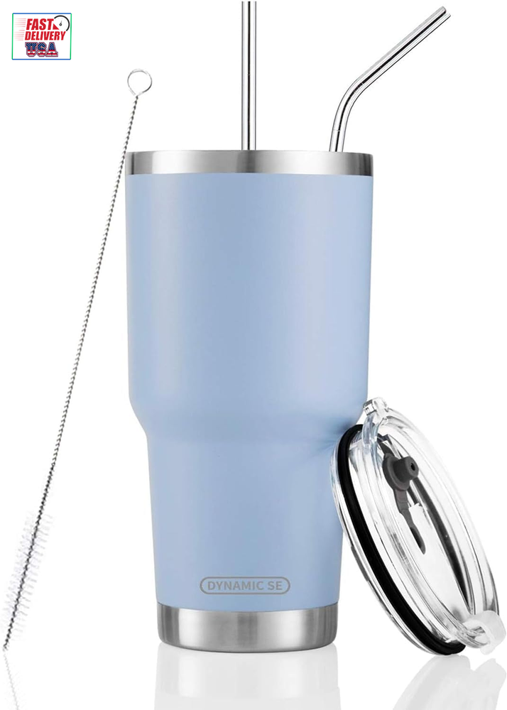 30Oz Blue Tumbler Stainless Steel Double Wall Vacuum Insulated Mug with Straw an