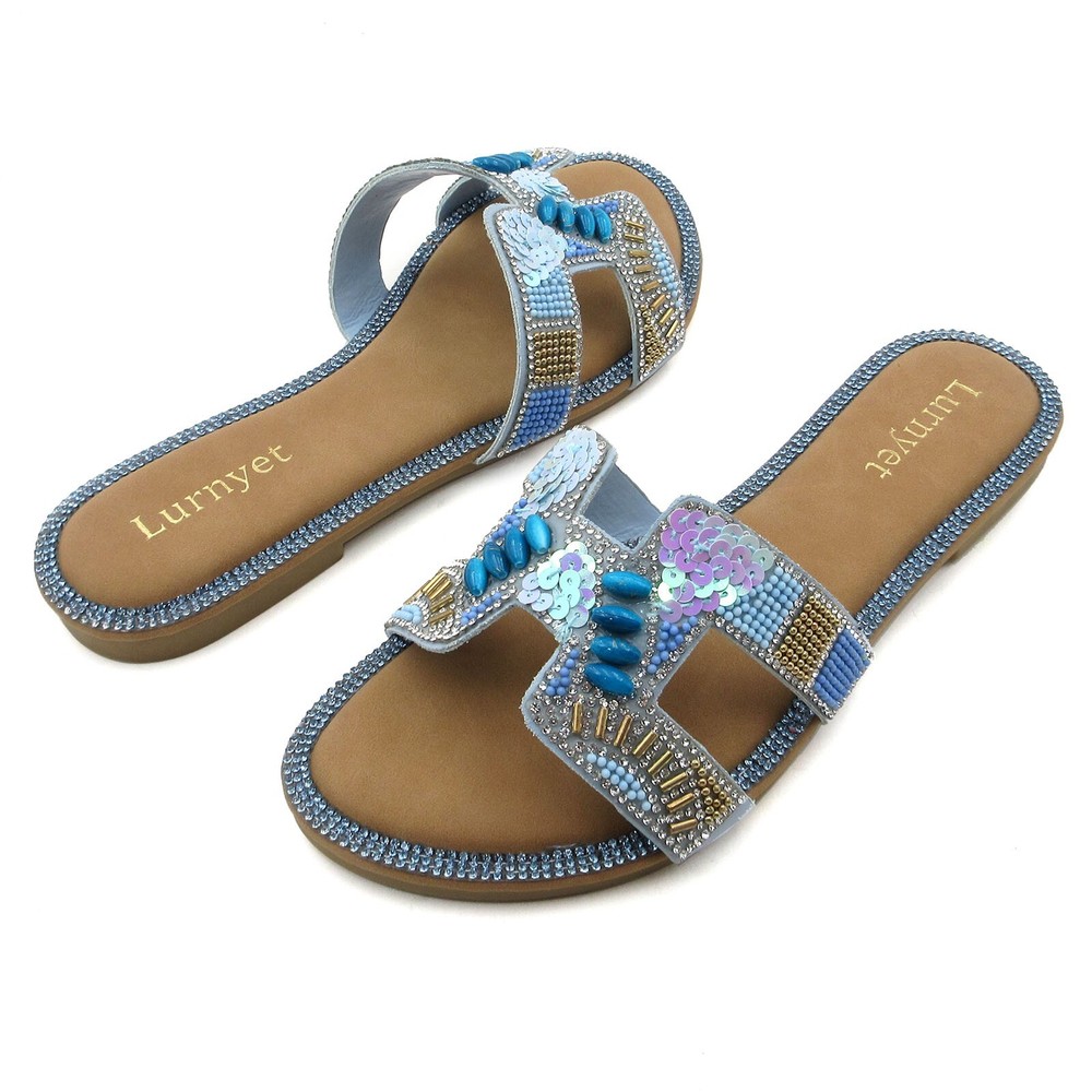 Women Beaded Summer Slide Sandals with Crystal H-Strap Sequin Decor