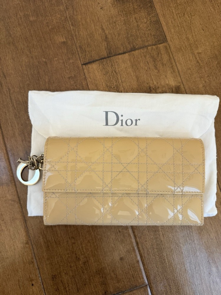 Authentic Christian Dior Long Wallet – Beige Leather with Logo Charm