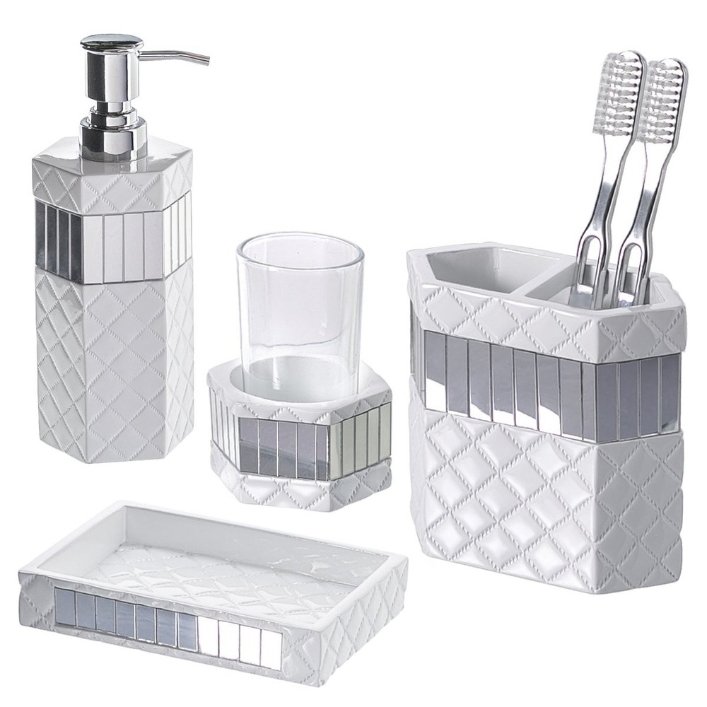 Quilted Mirror White 4-Piece Bathroom Accessories Set - Decorative Storage