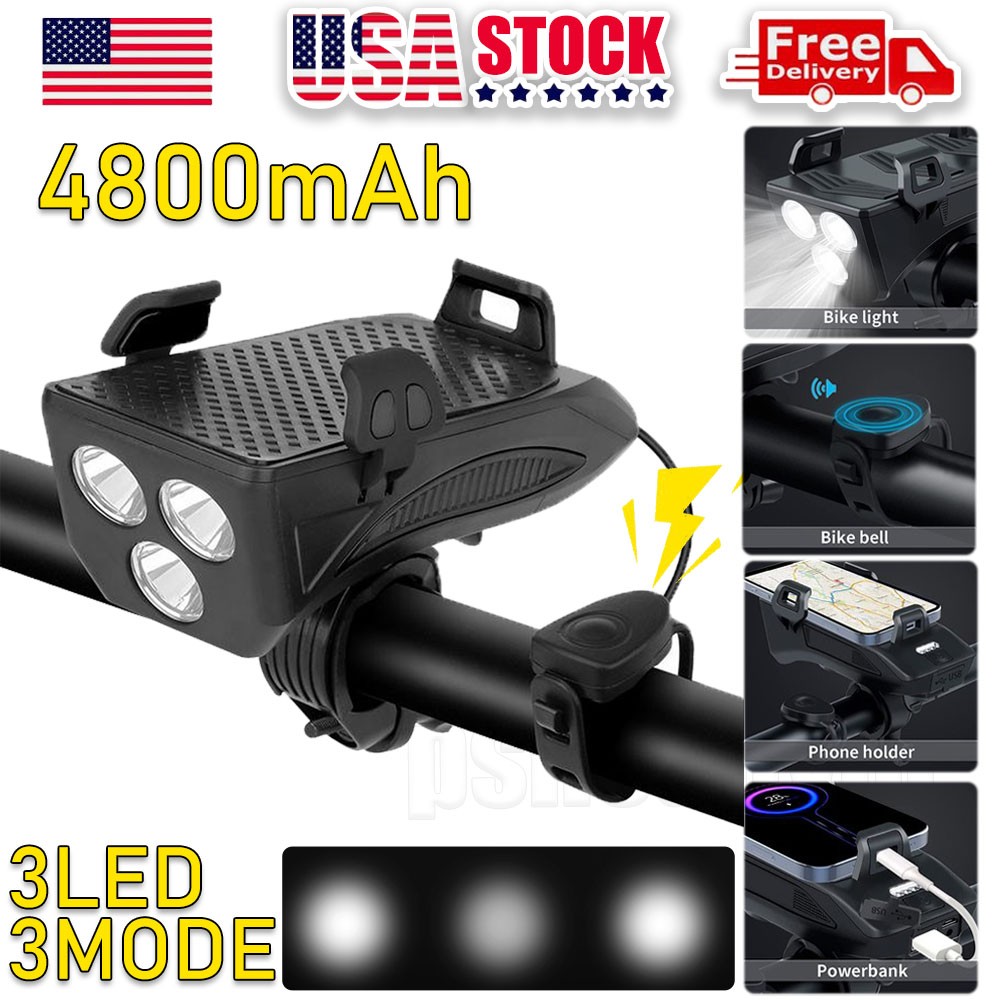 LED Cycle Bike Headlight Phone Holder w/4800mAh Power Bank/Bike Bell USB Charge