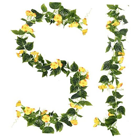 GTIDE 2pcs 15Ft Yellow Morning Glory Artificial Flower Vines Hanging Plants