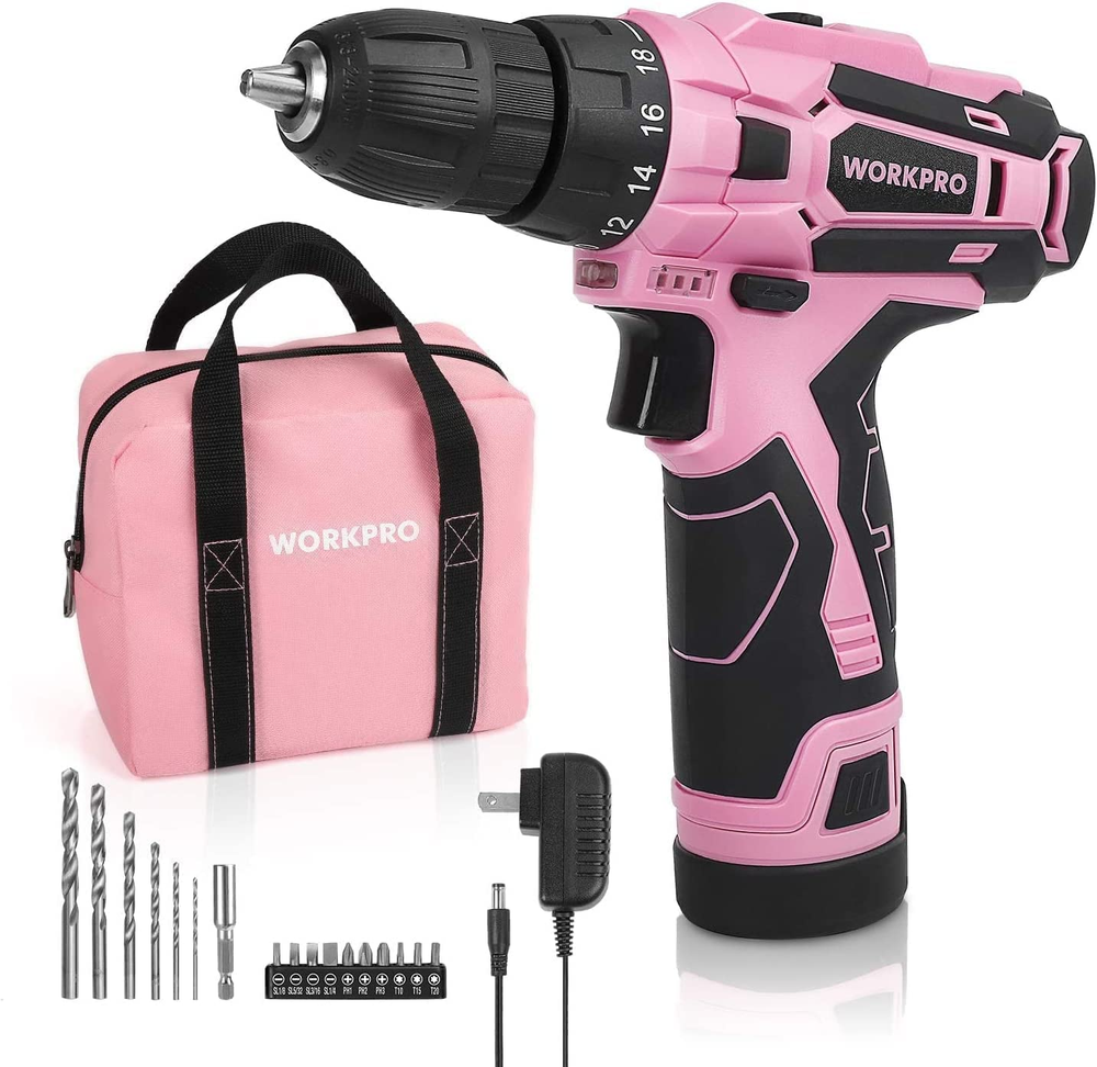 Pink Cordless Drill Driver Set, 12V Electric Screwdriver Driver Tool Kit, 3/8
