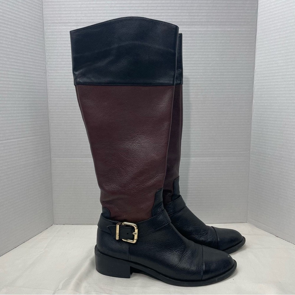 Vince Camuto Leisha Brown Black Gold Buckle Riding Tall Boots Womens Size 8