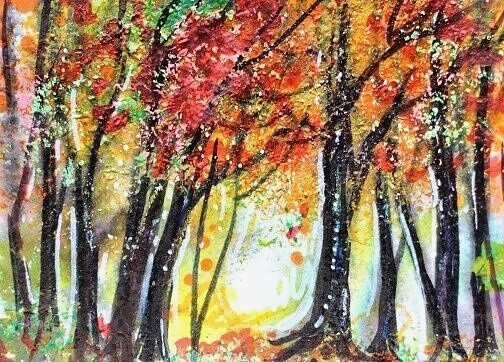 ACEO Original Painting TREE Autumn Landscape Sun FALL Leaves Nature ATC ART
