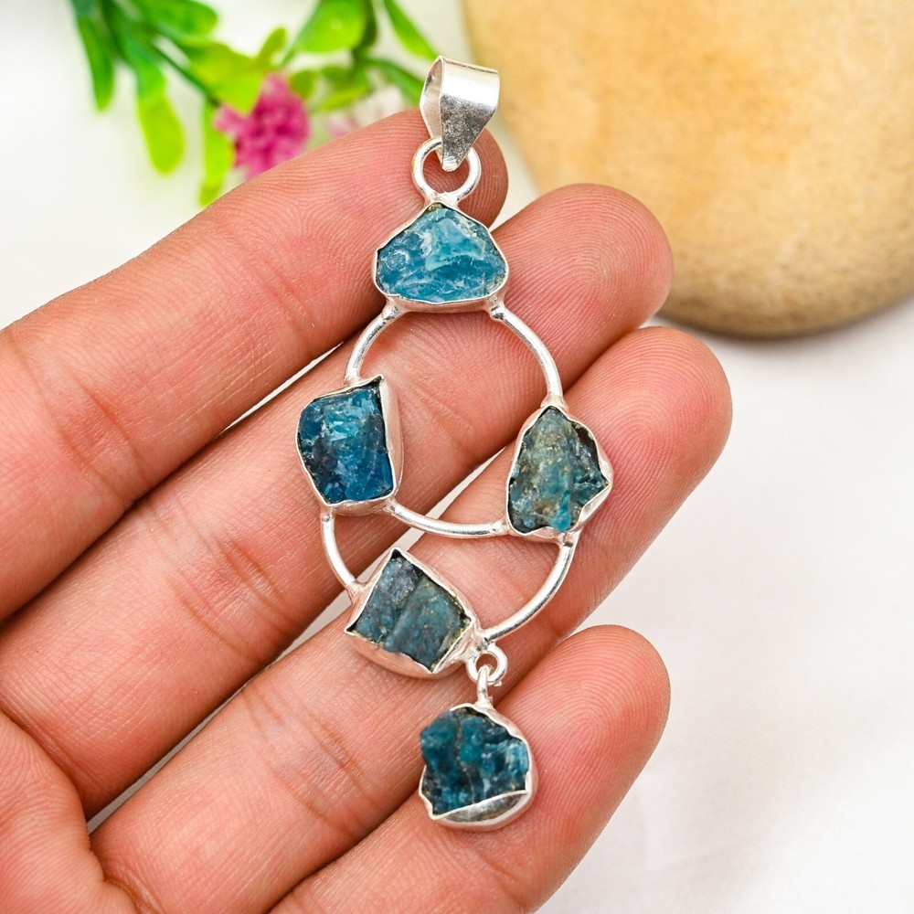 Neon Blue Apatite Gemstone Pendant in 925 Sterling Silver Handmade Jewelry Gift