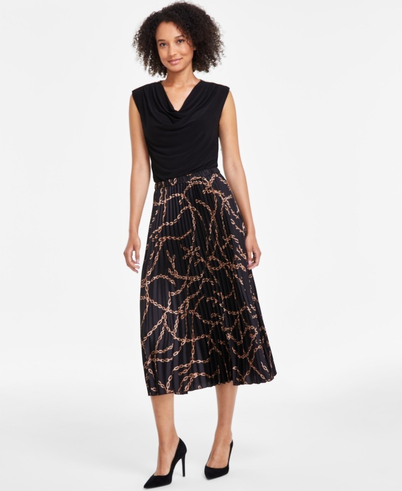Anne Klein Women Chain-Print Pull-On Pleated Midi Skirt Black Size XXL MSRP $119