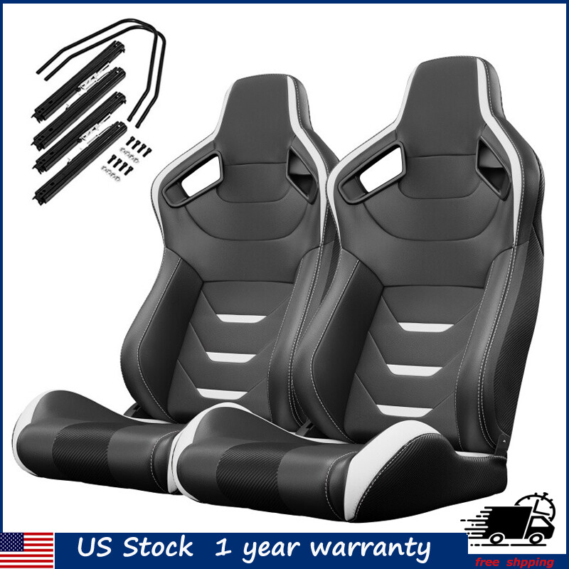 2PC Universal Car Racing Seats Black&White Adjustable Reclinable W/Dual Sliders