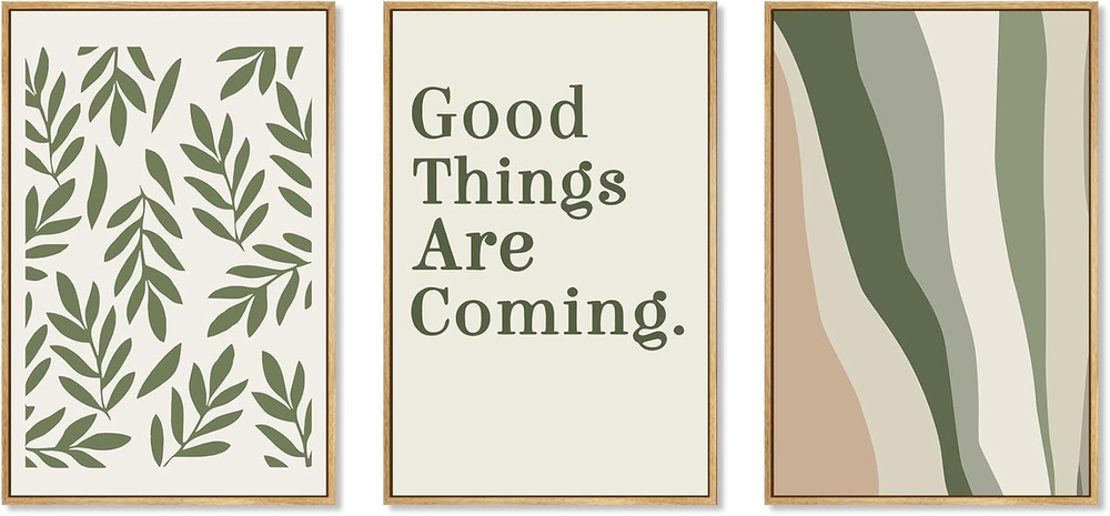 3Pcs Green Leaf Framed Canvas Prints Wall Art, Minimalist Botanical Flower Home