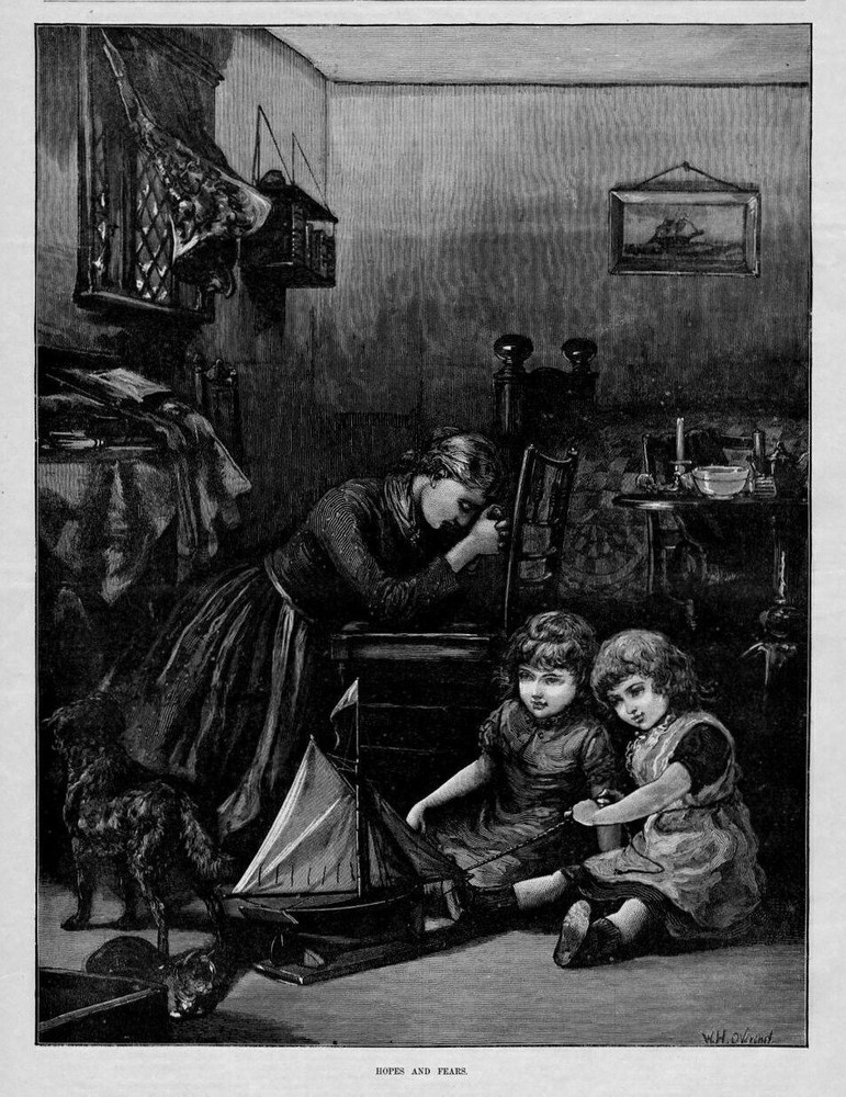 SAILORS WIFE PRAYING FOR HER HUSBAND AT SEA CHILDREN DAUGHTERS PLAY TOY SAILBOAT