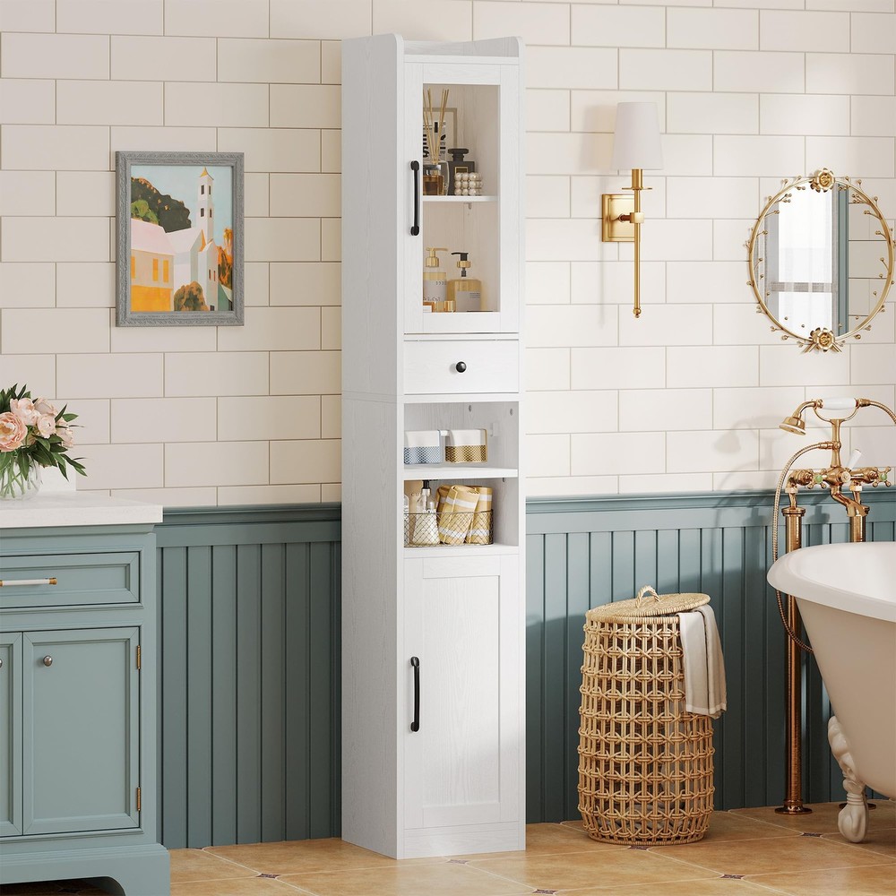 71 Inch Tall Slim Freestanding Bathroom Cabinet with Drawer and Door Storage