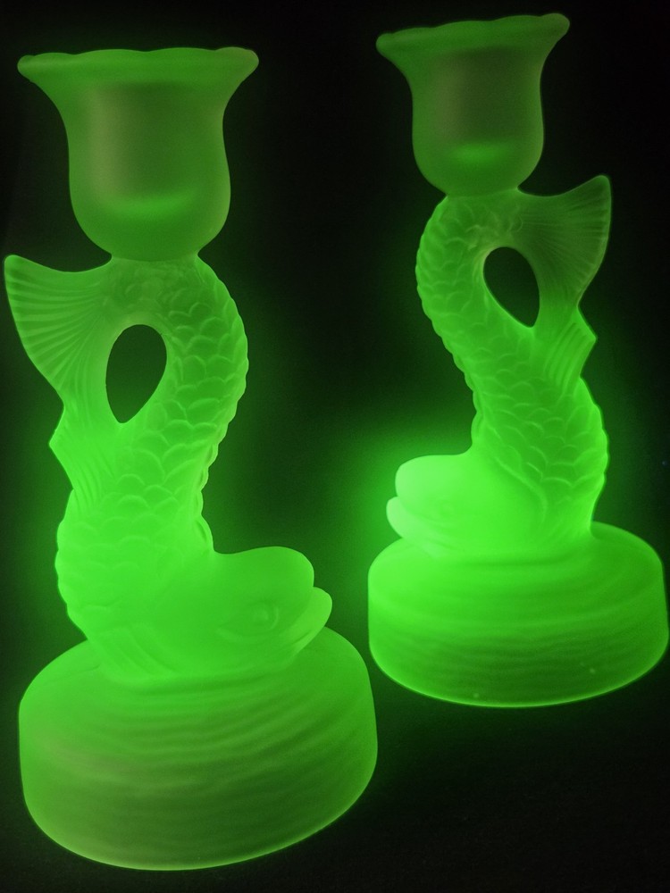 PAIR Satin Uranium Glass Dolphin Koi Fish Candlesticks Art Deco