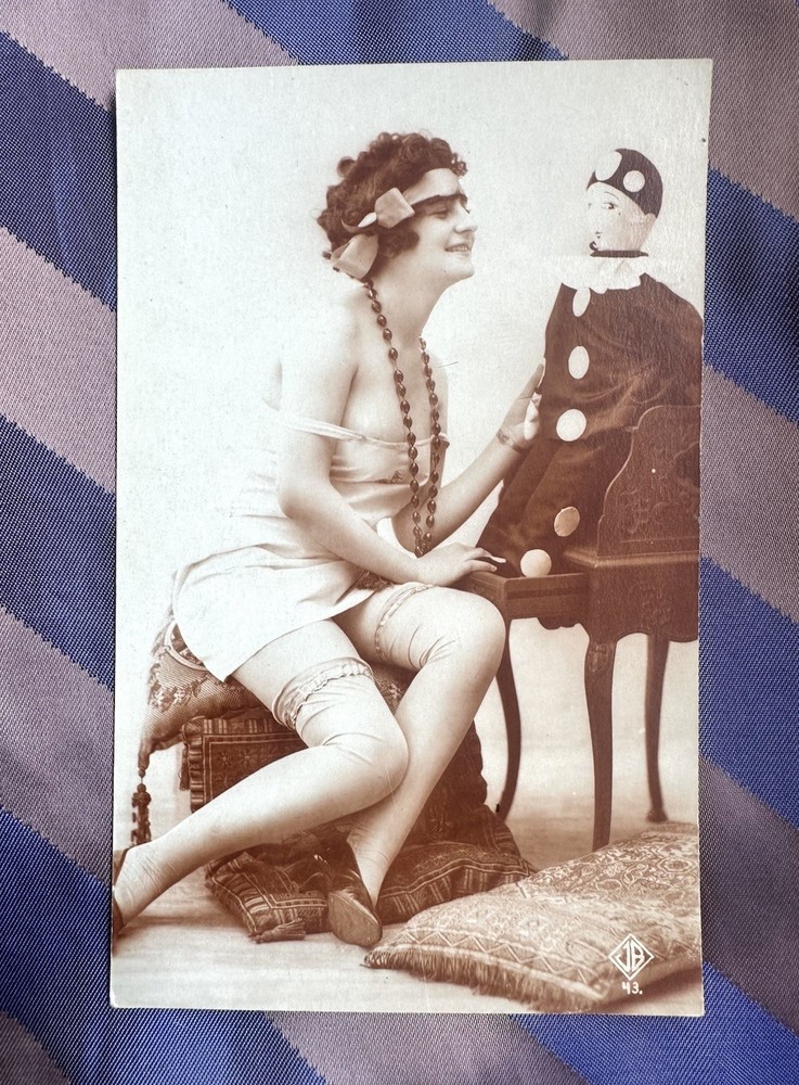 Antique 1920s Art Deco French boudoir risqué flapper lady doll RPPC photo