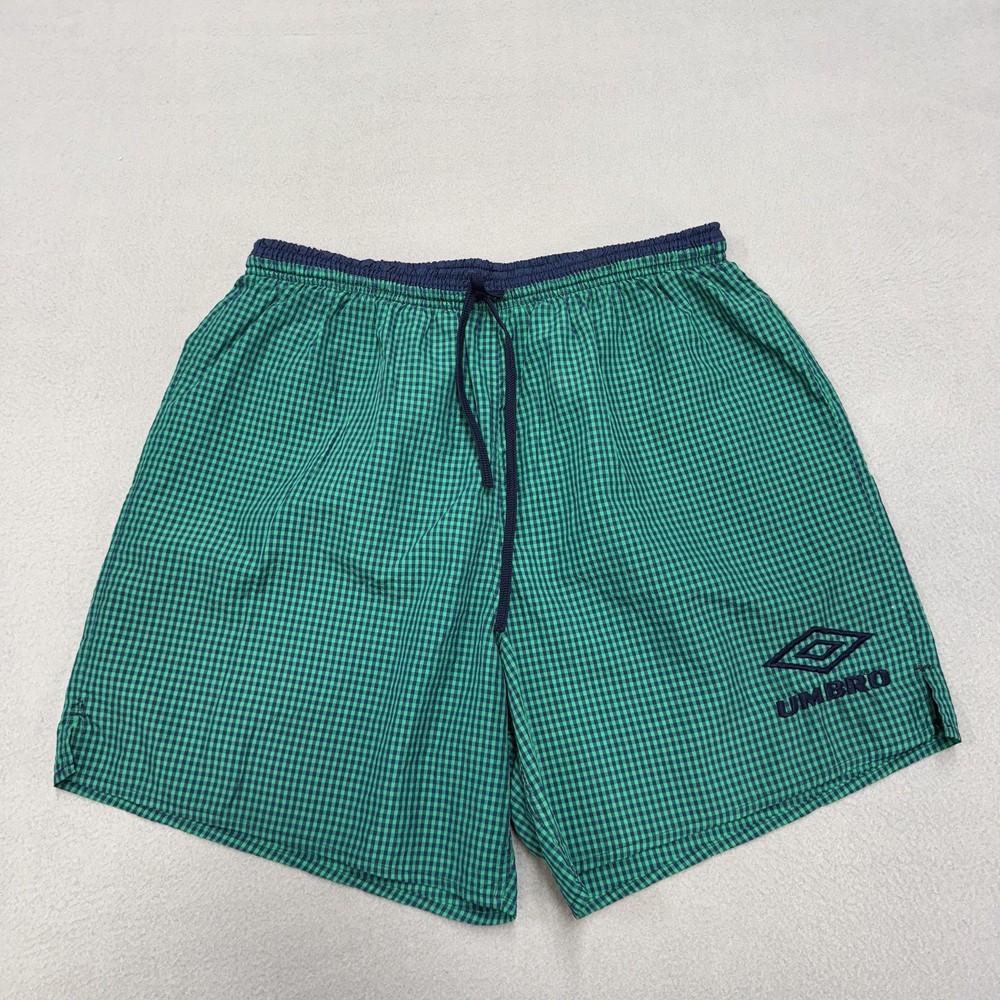 Vintage Umbro Shorts Mens Large Green Check Soccer Athletic Made USA 90s