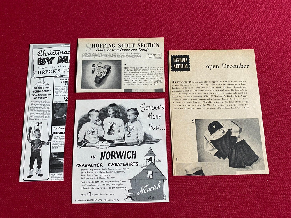1950's, Howdy Doody, (4) Magazine Display Ads (Scarce / Vintage)