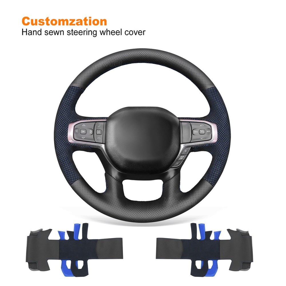 Blue Mesh Alcantera Leather Steering Wheel Cover for Dodge RAM 1500 2019-2023 Models