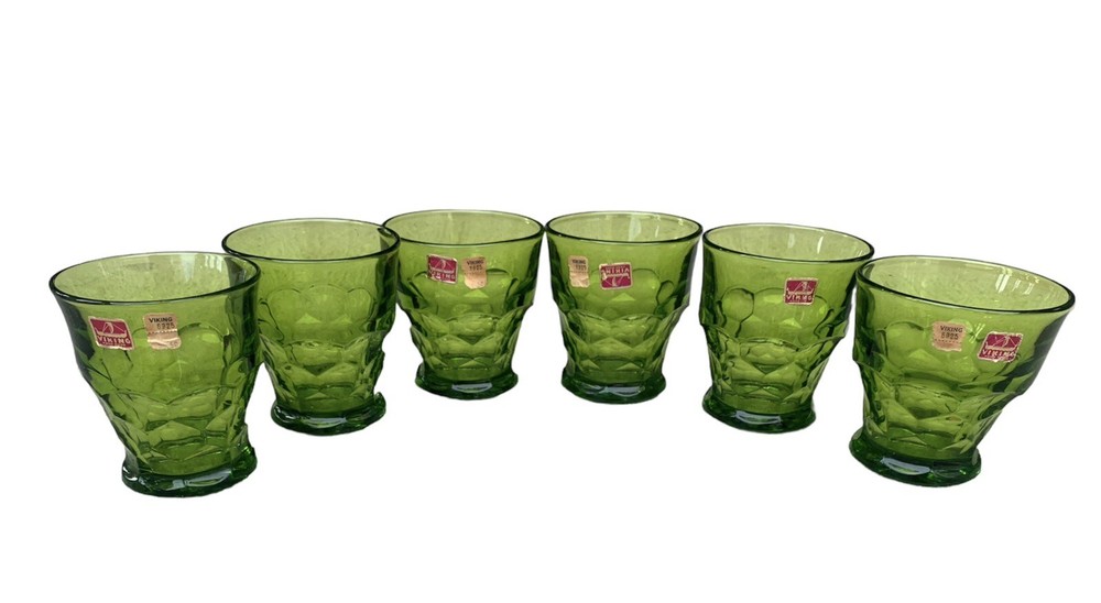 6 Vintage Viking #6925 MCM Emerald Green Honeycomb Drinking Glasses