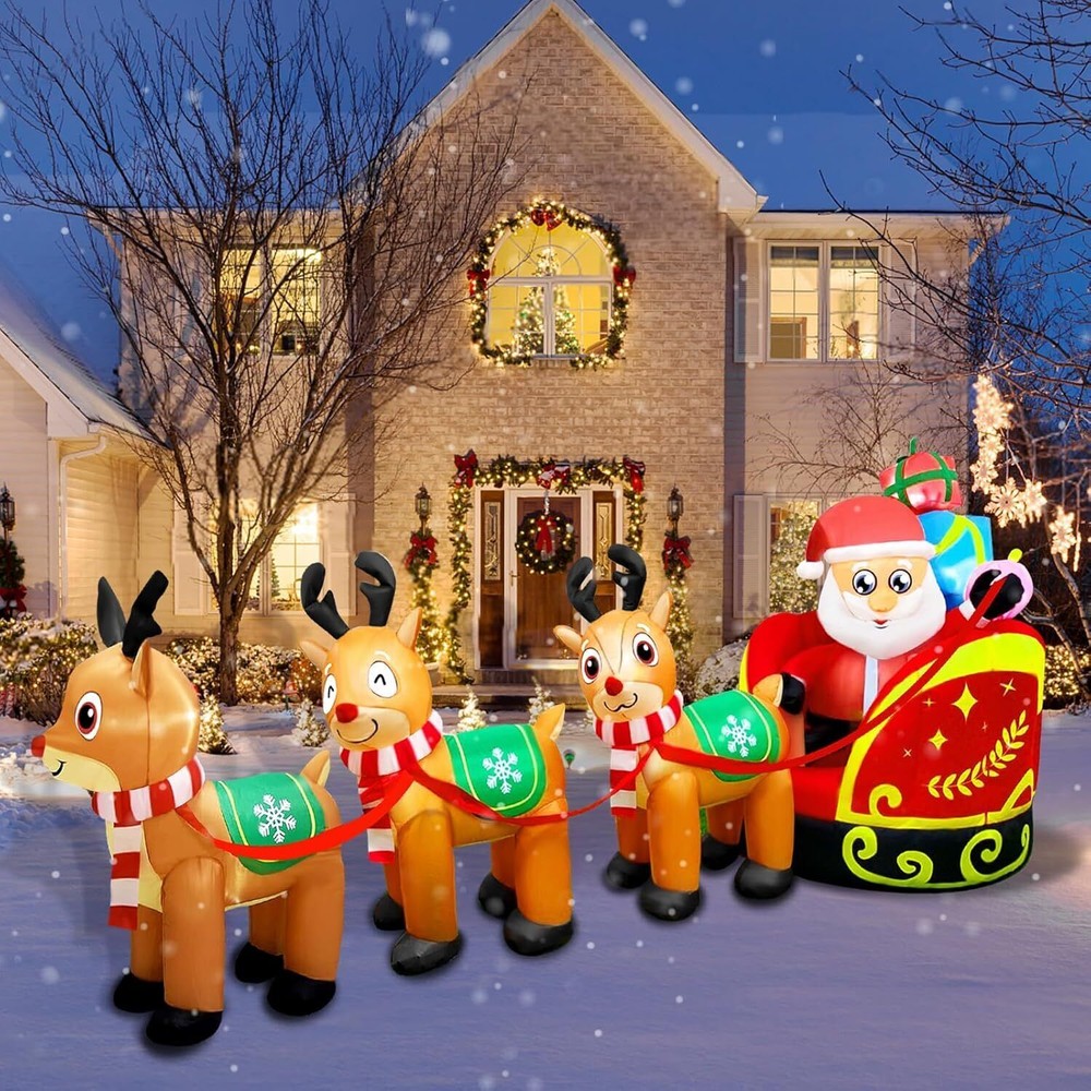 11.5 Christmas Inflatable Outdoor Decoration Santa Claus on Sleigh W/ 3 Reindeer