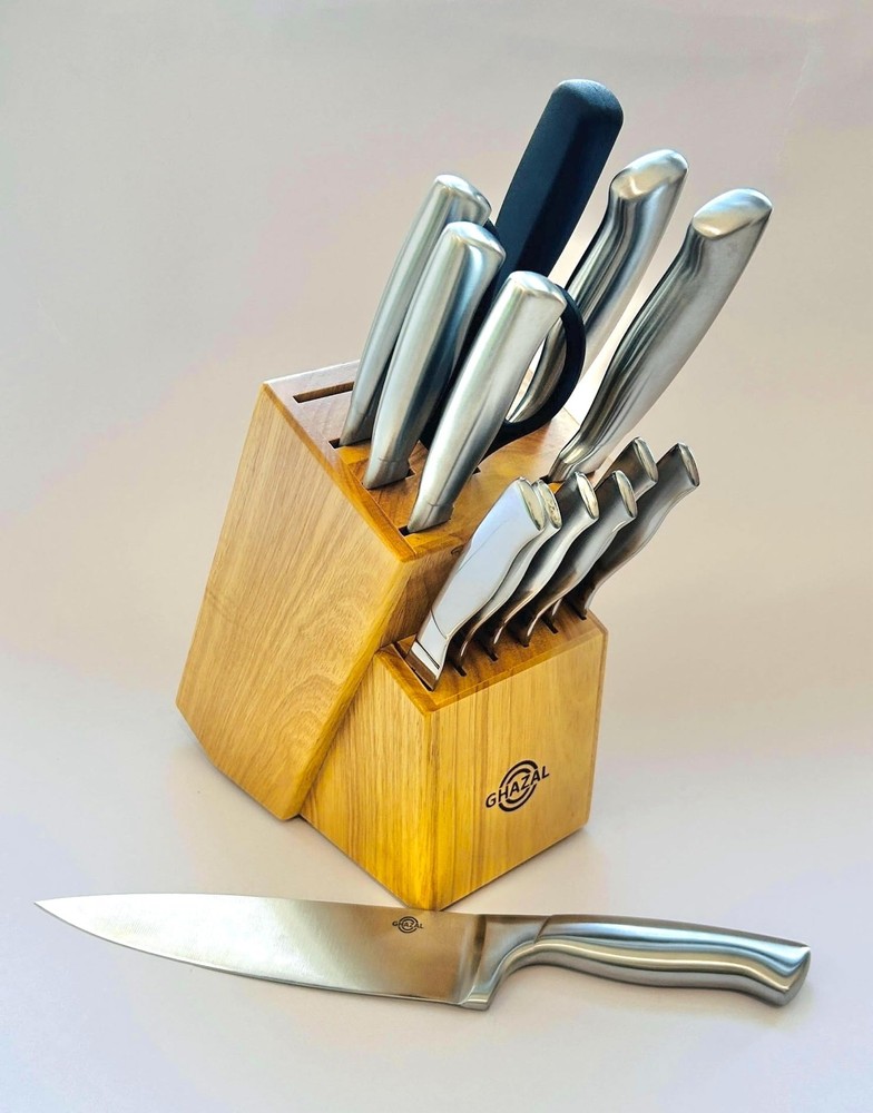 15pc Silver Stainless Steel Kitchen Knife Set with Wooden Block