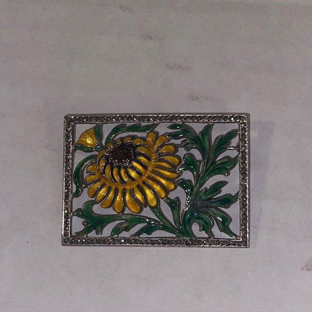 Vintage Enameled Sterling Silver Floral Sunflower Brooch Pin
