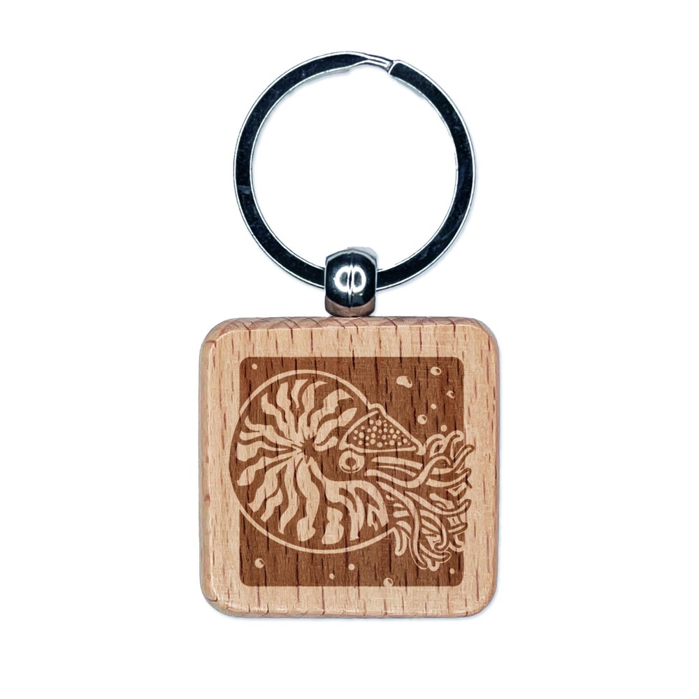 Engraved Chambered Nautilus Sea Creature Wood Keychain Charm Tag