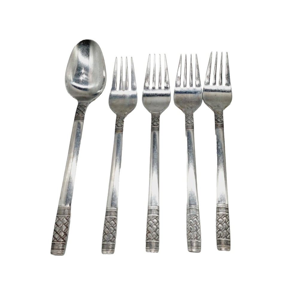 Oxford Hall Stainless Steel Korea Weave Pattern 1 Spoon  4 Forks Lot Of 5 READ
