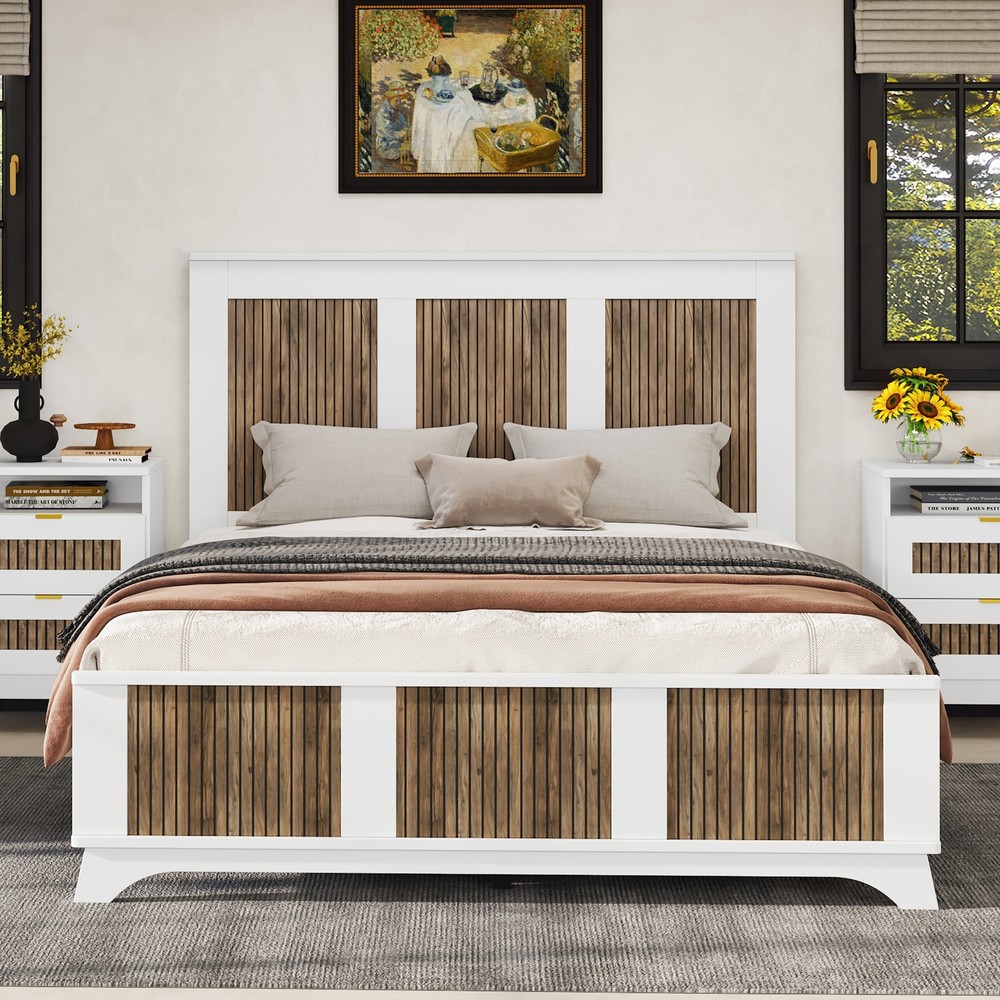 Farmhouse Wooden Platform Queen Size Bed, Modern Platform Bed with Wooden Strip