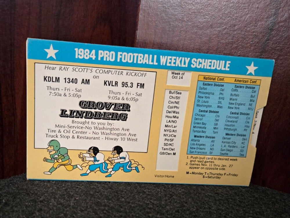 1984 NFL Pro Football Weekly Sliding Schedule by Grover Lindberg