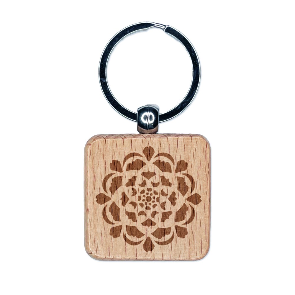 Geometric Artichoke Flower Engraved Wooden Square Keychain Charm  
