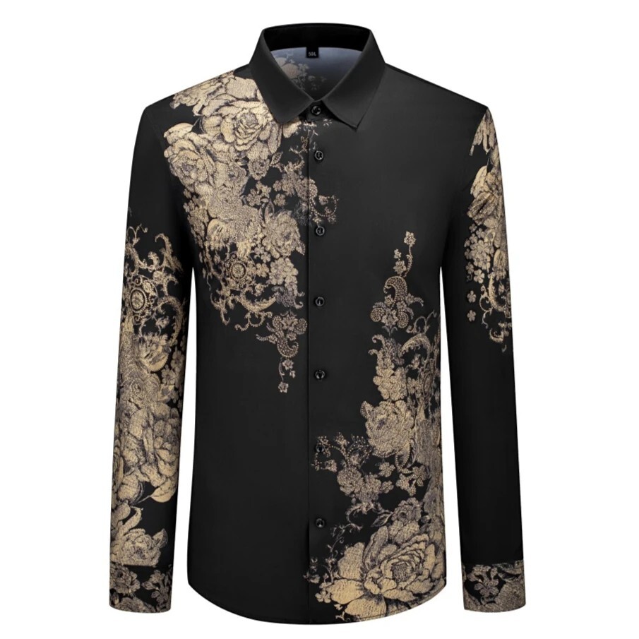 Men Luxury Flower Trend Rhinestone Slim Fit Dress Shirt Long Sleeve Button-Down