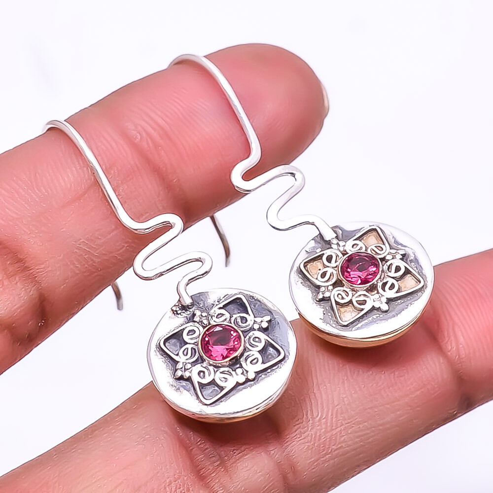 Pink Rubellite Tourmaline Gemstone 925 Sterling Silver Two Tone Earring 1.56