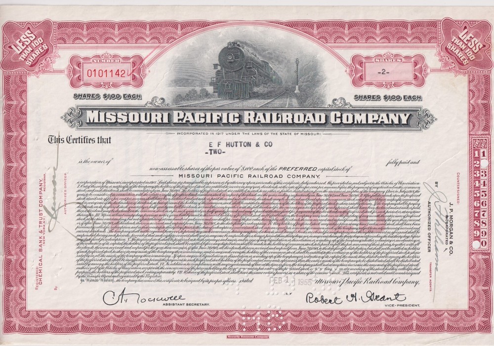 Missouri Pacific Railroad Stock Certificate Purplish