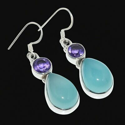 Natural Chalcedony and Amethyst 925 Sterling Silver Jewelry Earrings 1.46 Inches