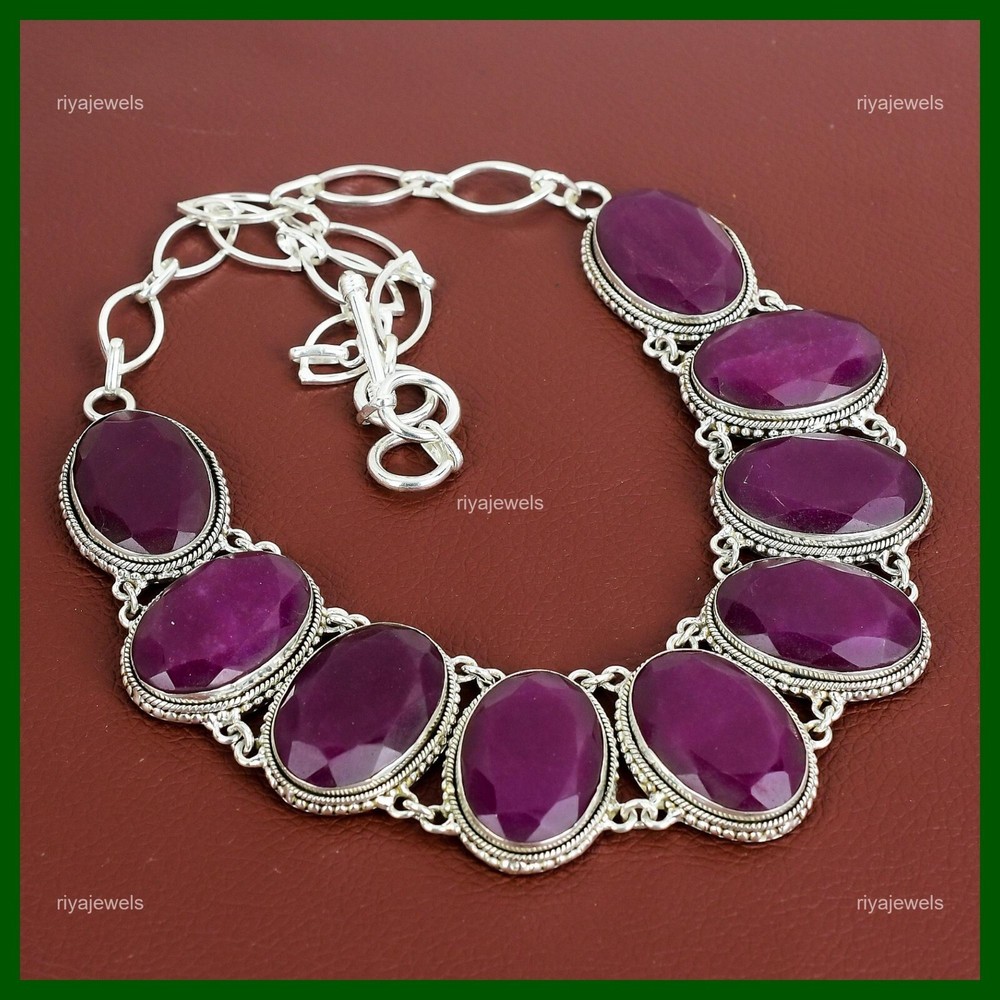 Mothers Day 925 Silver Kashmir Ruby Gemstone Vintage Chain Necklace Jewelry-image