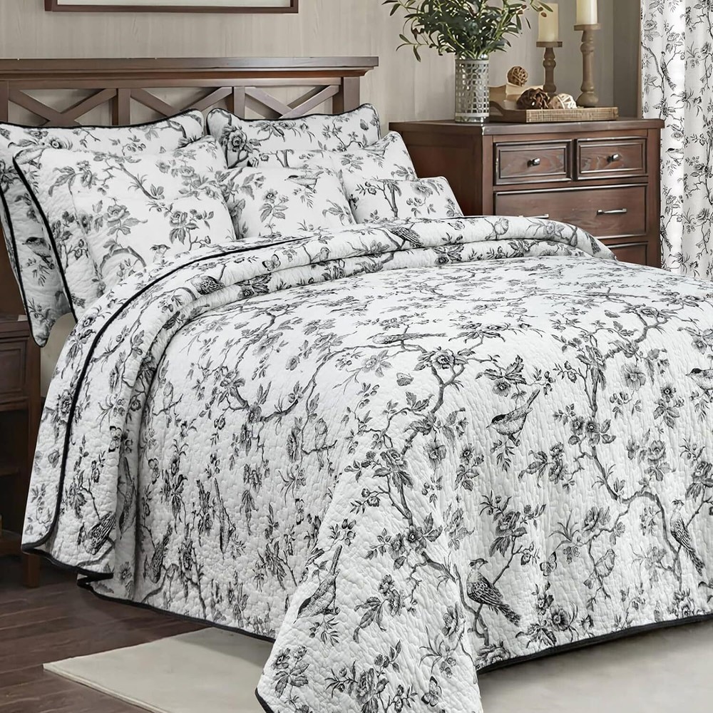 100% Cotton Quilt Queen Size Black Bird Bedding Set Double Printing Lightweig...