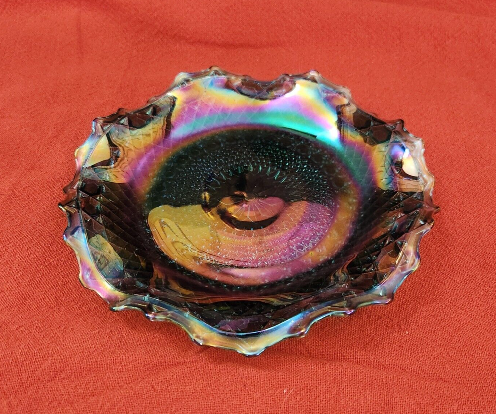 Vintage Blue Iridescent Diamond Cut Carnival Glass 6.5 Inch Trinket Dish