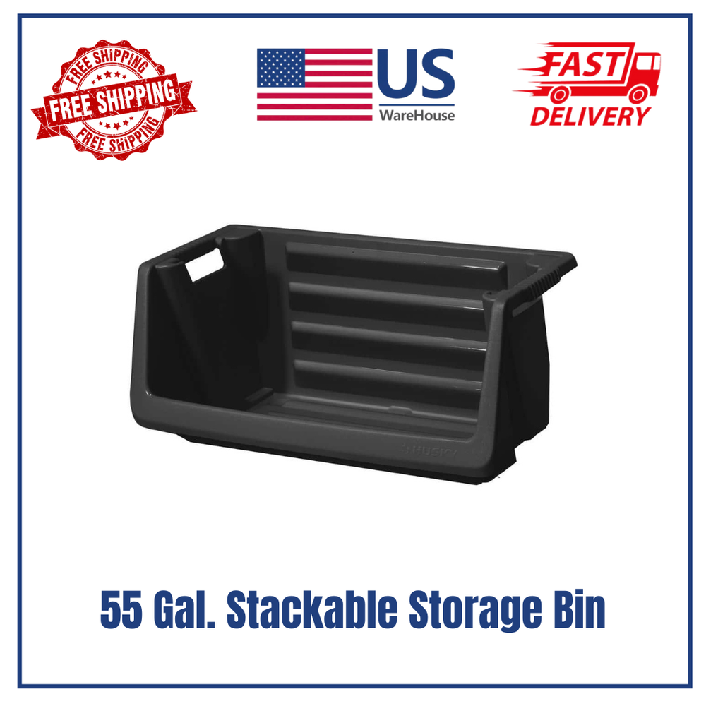 55 Gallon Stackable Heavy Duty Storage Bin Container – Black Plastic