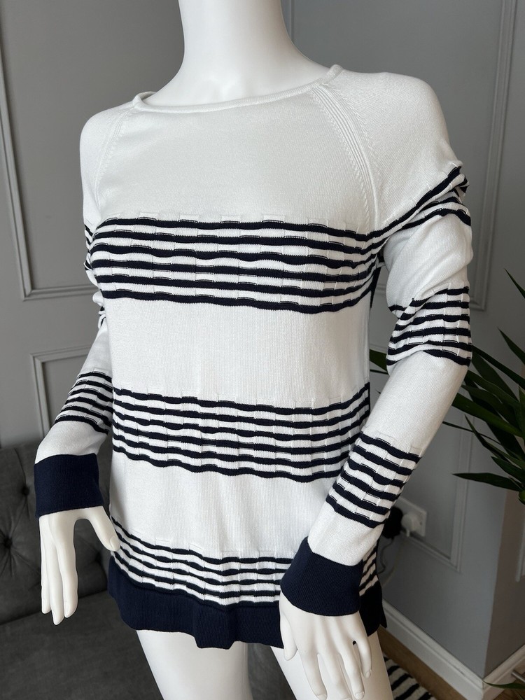 Barbour Womens Jumper - Size 10 Headland Knit White Navy Striped Lightweight