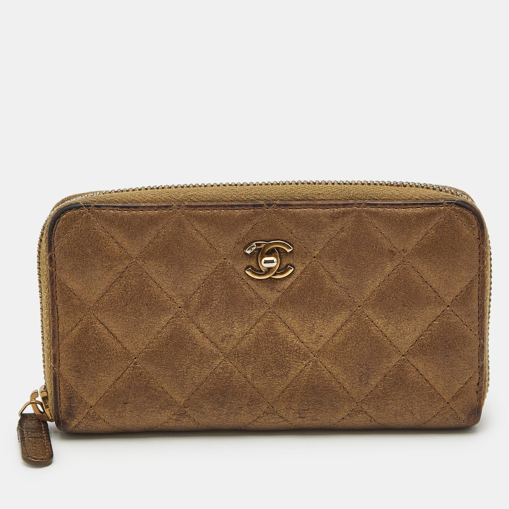 Chanel Gold Quilted Leather CC Zip Around Wallet