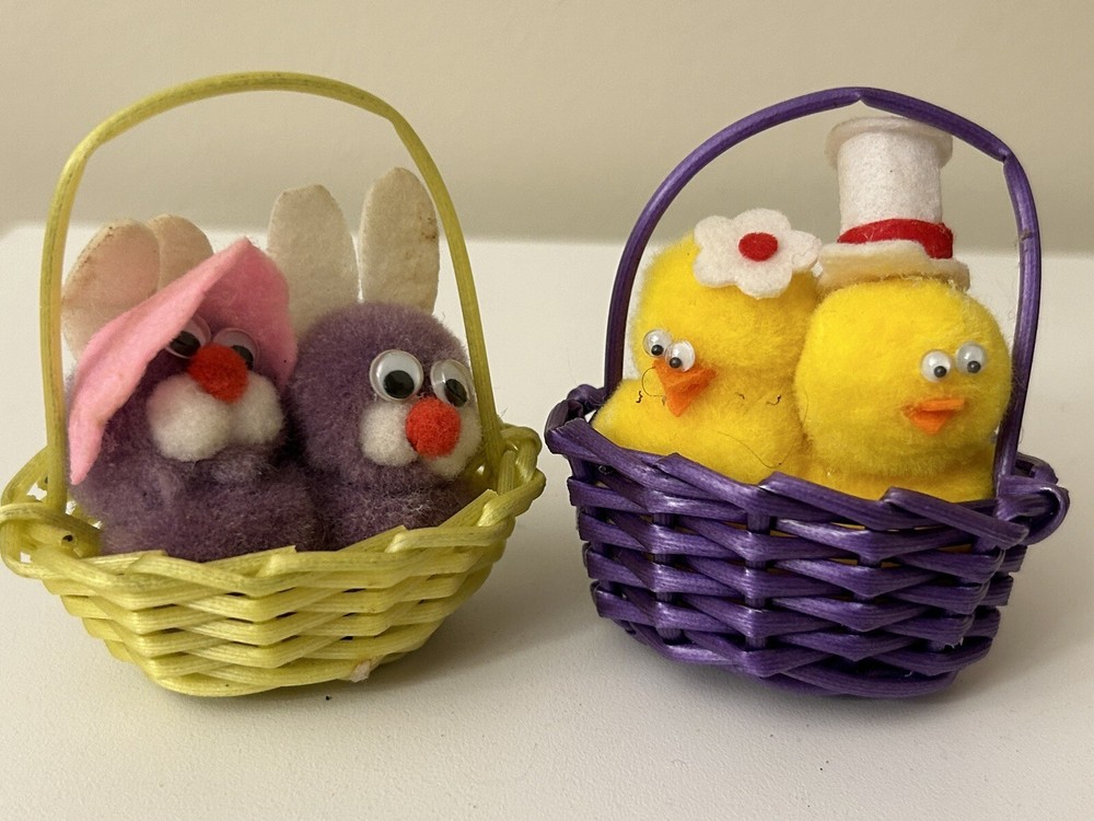 Set Of 2 Magnet Pom Pom Mini Chicks Duckling & Bunny In Baskets Easter Decor