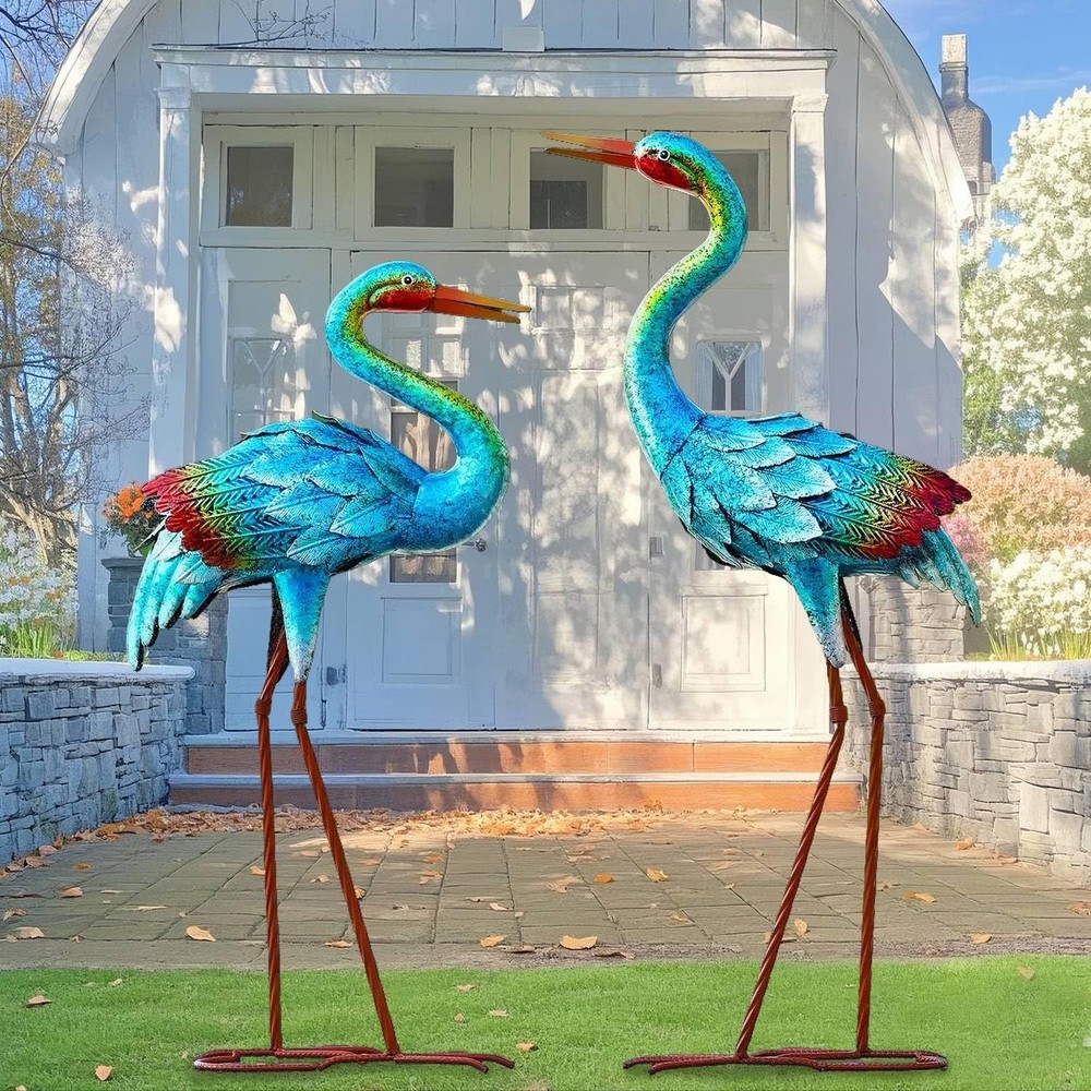 Large Blue Heron Metal Garden Sculpture Crane Statue Lawn Decor