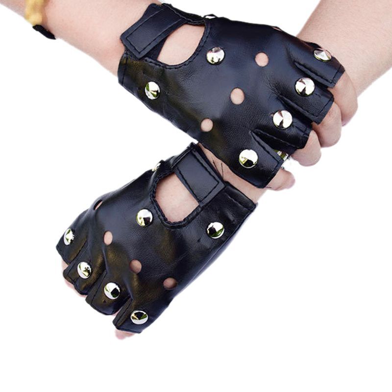 Rock & Roll Black Faux Leather Fingerless Gloves with Studs