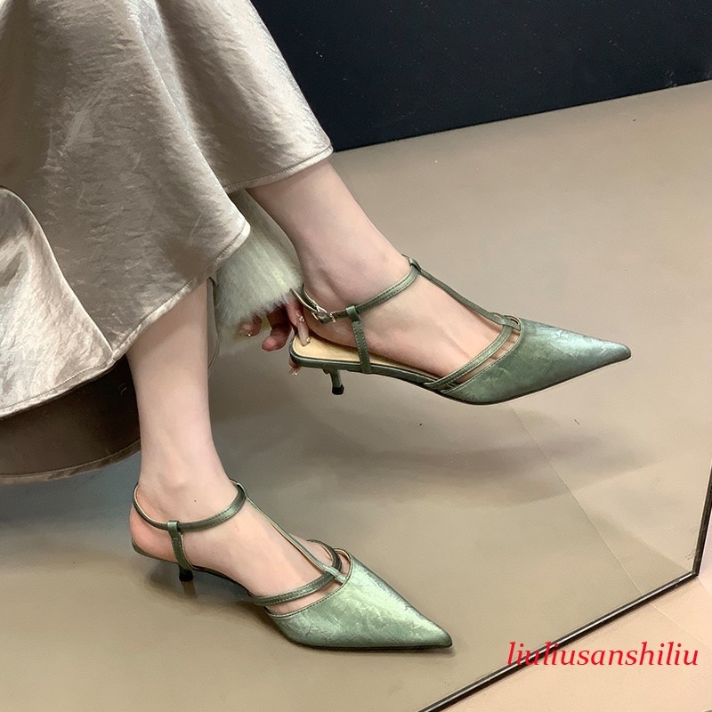 Roman Womens Kitten Heel Sandals Summer Pointed Toe T Buckle Pumps Dress Shoes