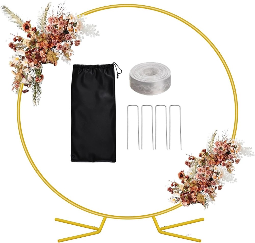 6.6FT Balloon Arch Stand Kit, Metal Round Backdrop Stand for Parties, Gold Circl