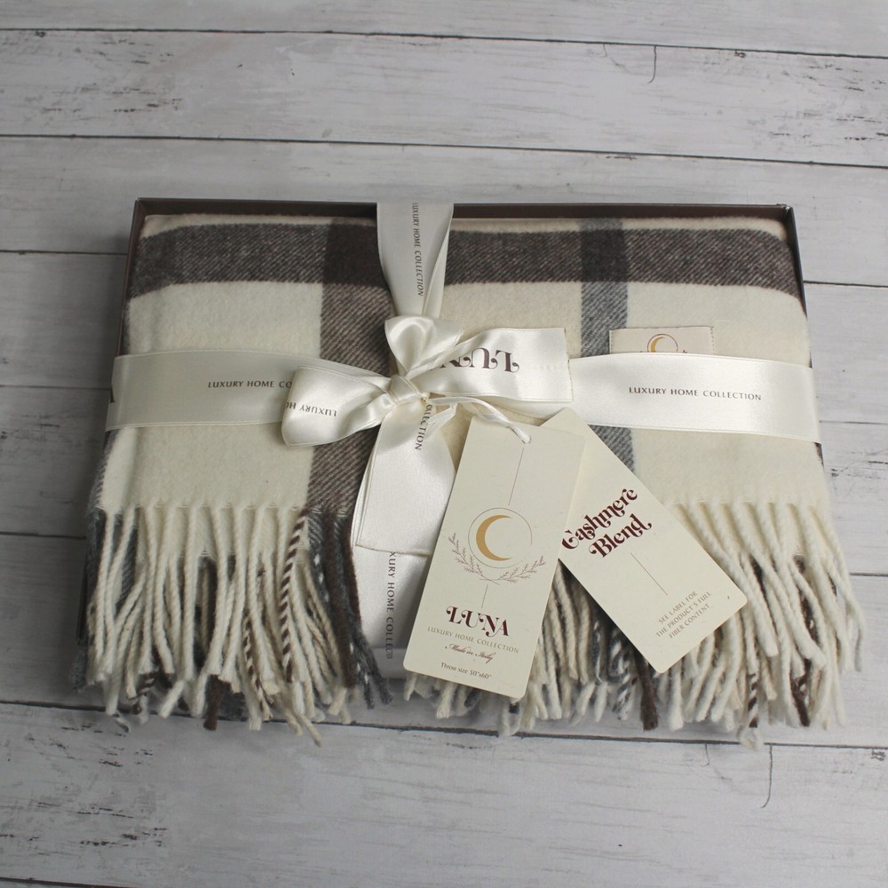Luna Italian Cashmere Wool Plaid Throw Blanket in Cream Brown Beige Gray  