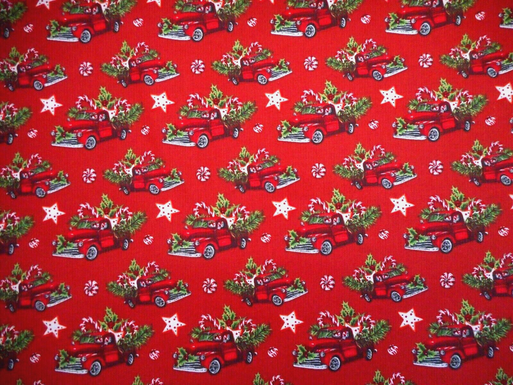 Christmas Quilt Fabric By Yard Vtg Trucks Cookies Candy Pine on Red Cotton #42